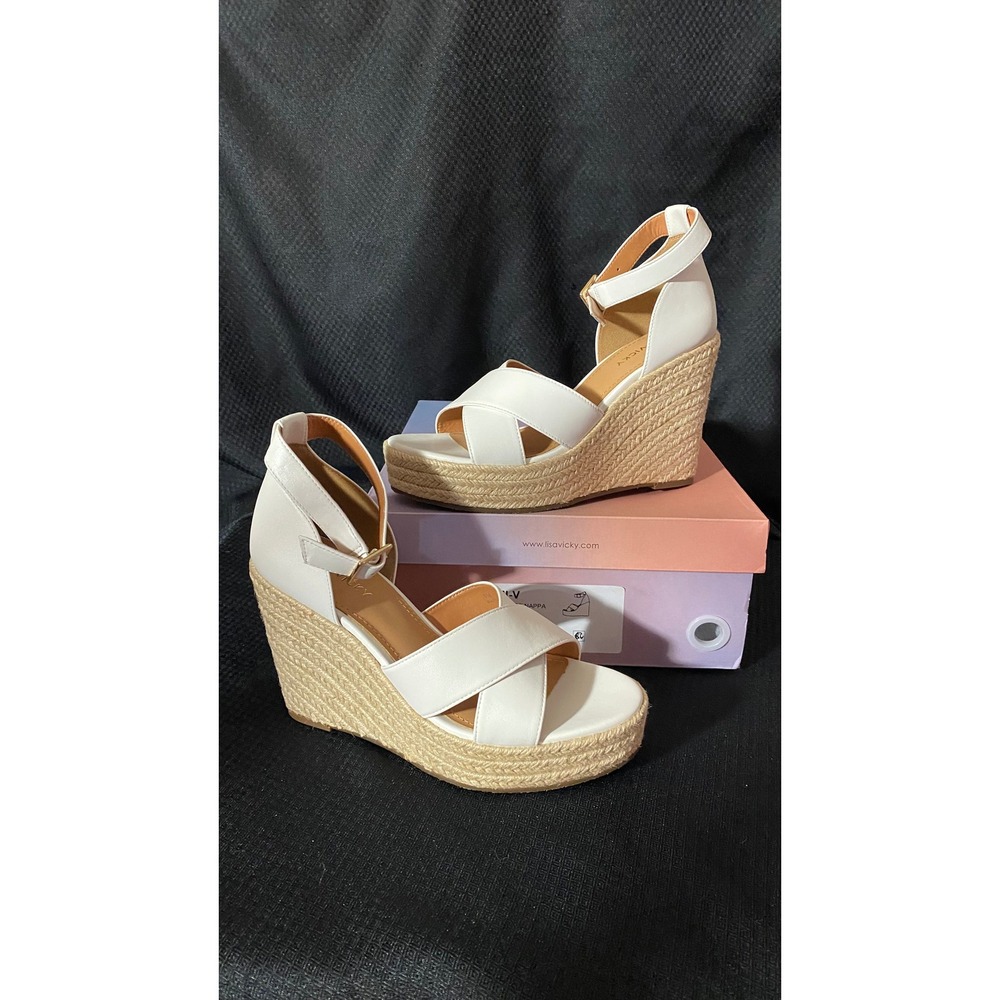 Lisa Vicky Gemi-V White Sheep Nappa Leather Espadrille Wedge Sandals Size 8 M
